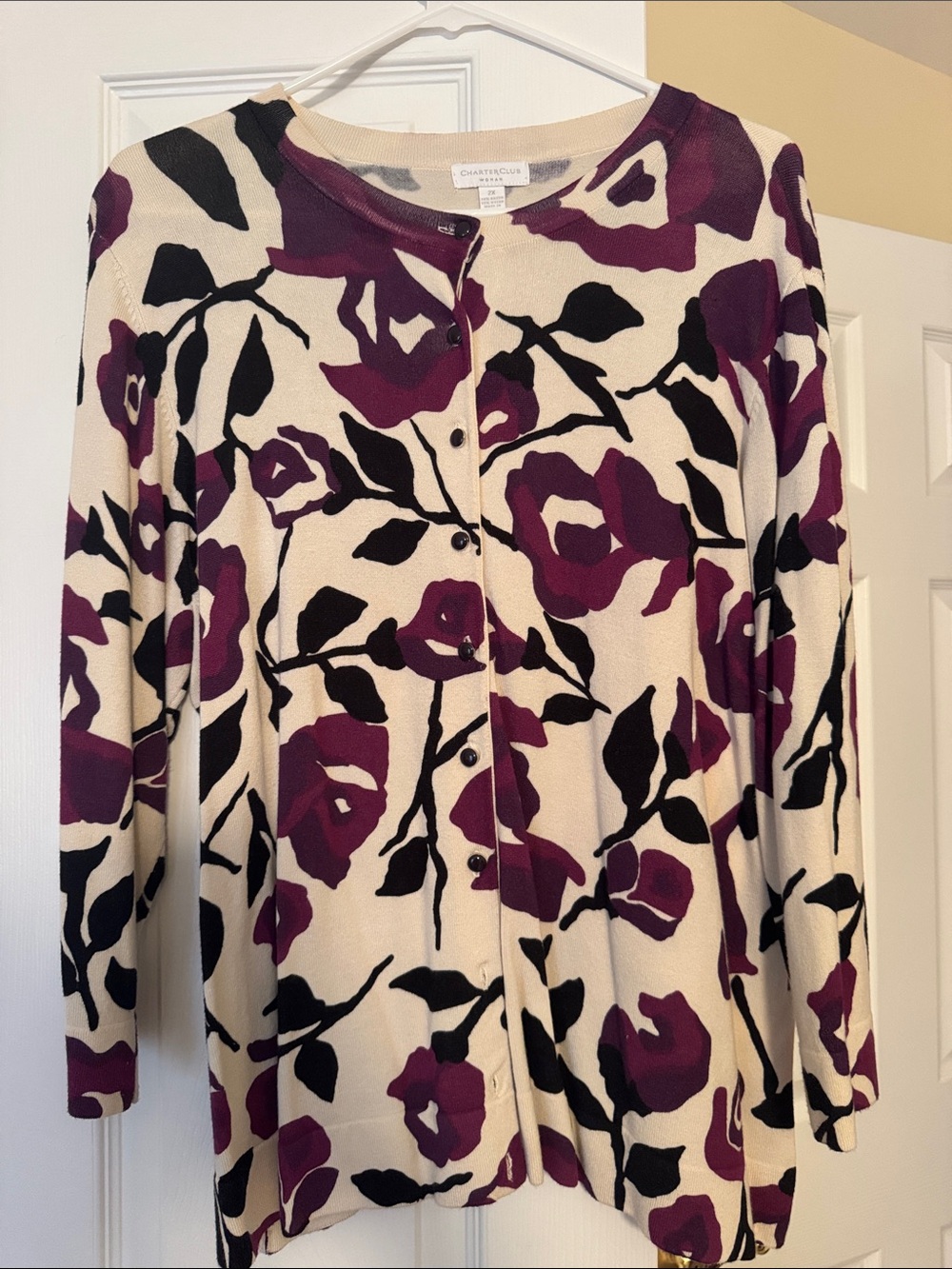 Charter Club Cream Cardigan with Plum & Black Floral Print